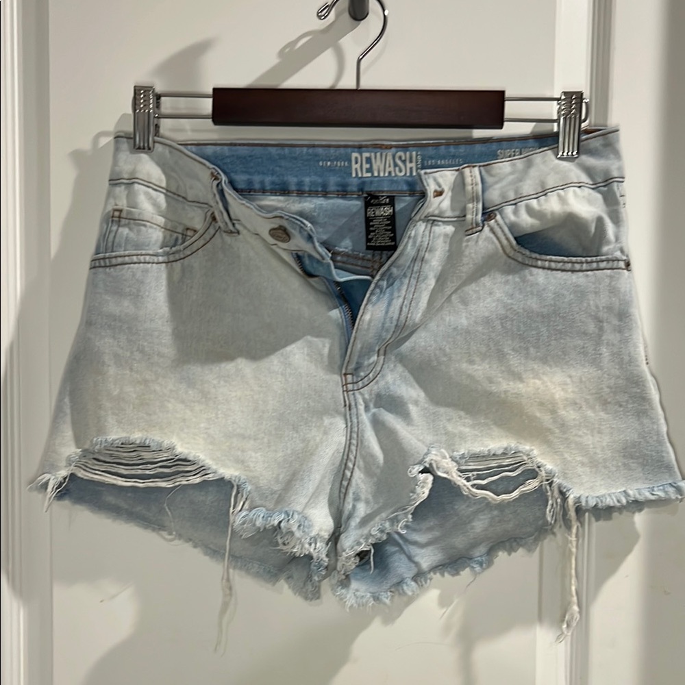 Rewash Blue Jean Shorts with Distressed Raw Hem